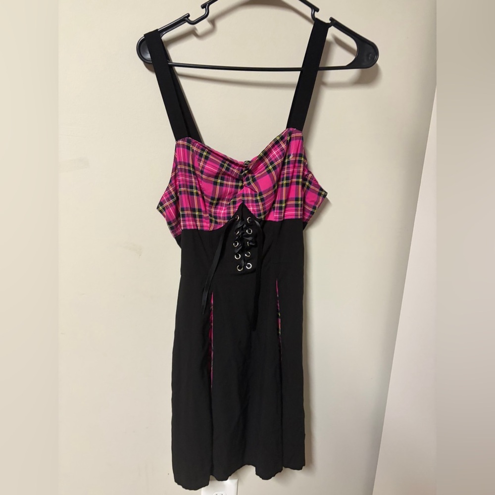 Hot Topic Pink and Black Plaid Dress Small